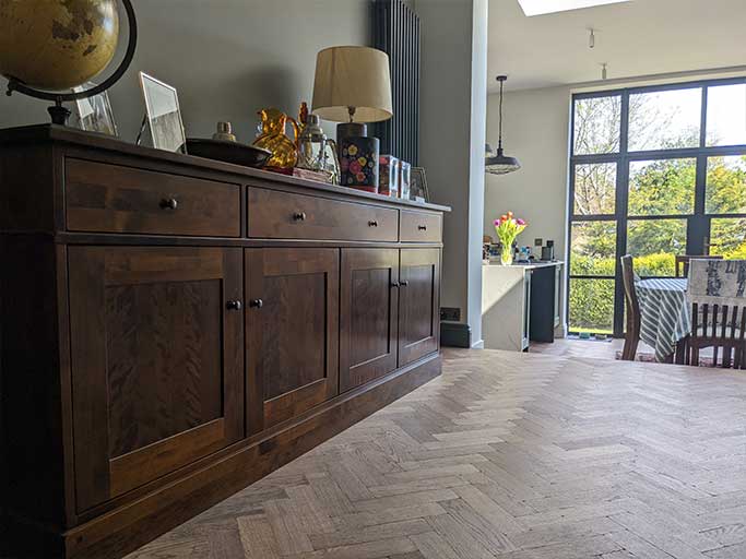 The antique oak herringbone parquet perfectly suits this traditionally styled home #CraftedForLife
