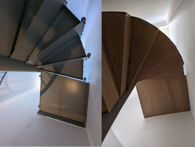 Before: the metal staircase was fully exposed After: both the top and the underneath of the steps were clad in oak #CraftedForLife