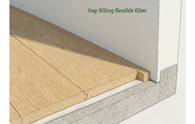 Minimalist wood floor installation without skirting boards, featuring an expansion gap filled flush with a flexible filler or natural cork strip #CraftedForLife