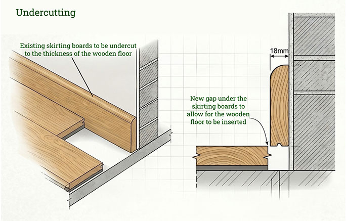 By undercutting the existing skirting boards, new wood flooring slides underneath for a seamless finish #CraftedForLife