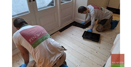 Dramatically dark ebony wood oil used for a pine floor restoration project in a Victorian conversion flat in Clapham, SW11 #CraftedForLife