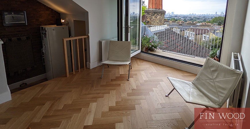 Herringbone parquet uplifts a delightful loft apartment with an expansive view of London from Telegraph Hill, SE14 #CraftedForLife